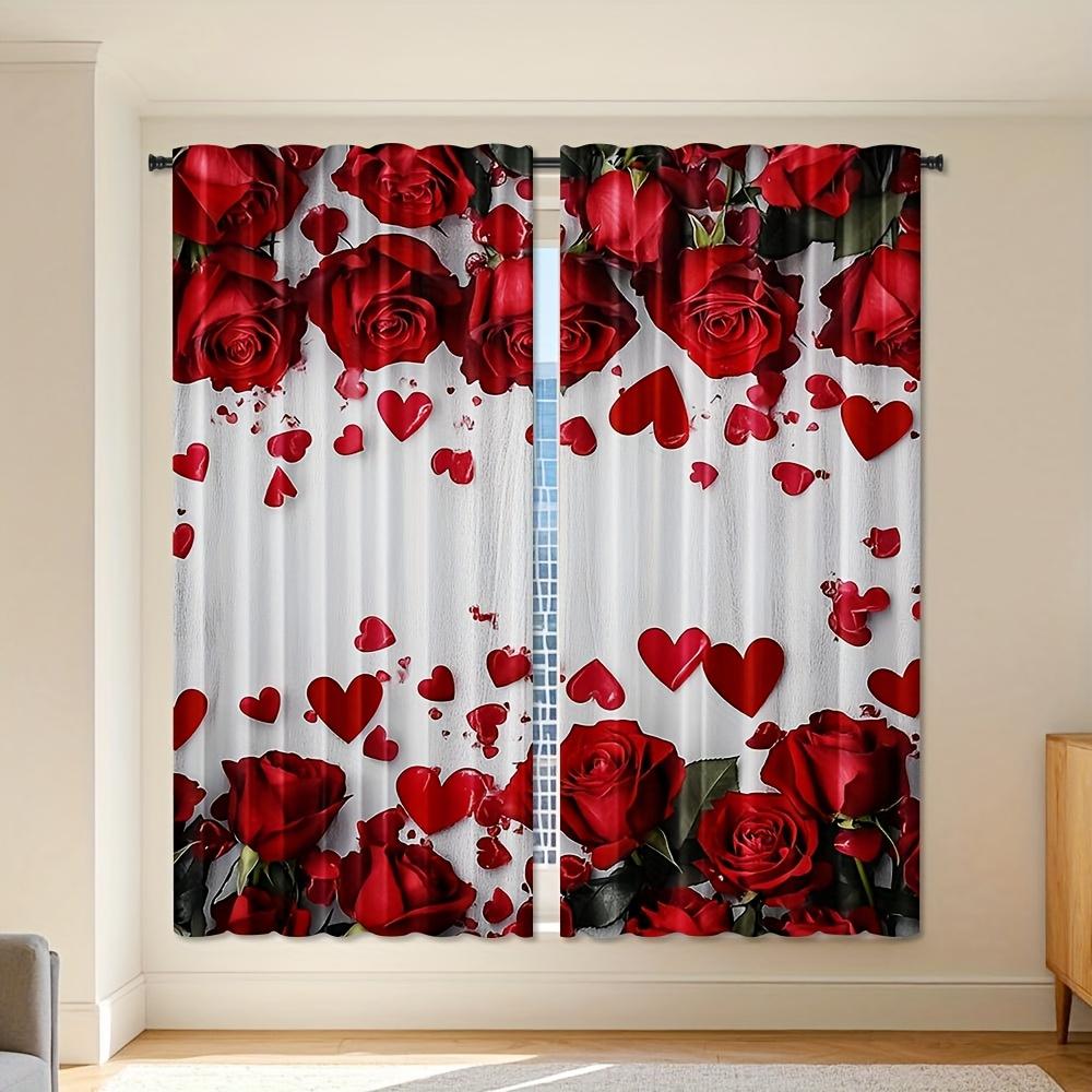 2Pcs Elegant Red Rose & Heart Backdrop Curtains - Romantic Valentine'S Day Decor For Bedroom & Living Room, Semi-Transparent Pol