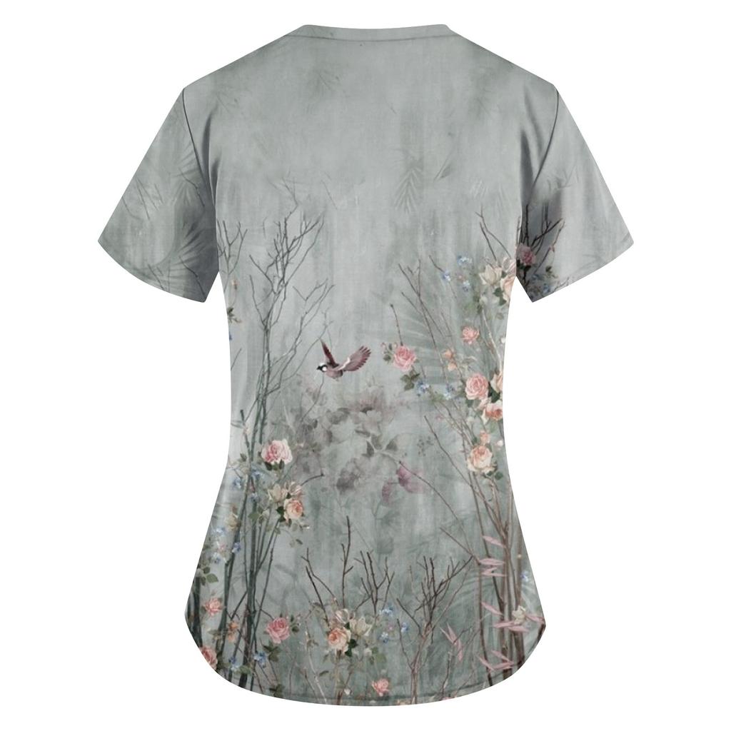 Damen Bluse mit V-Ausschnitt und Blumenmuster im Retro-Stil, kurzärmlig