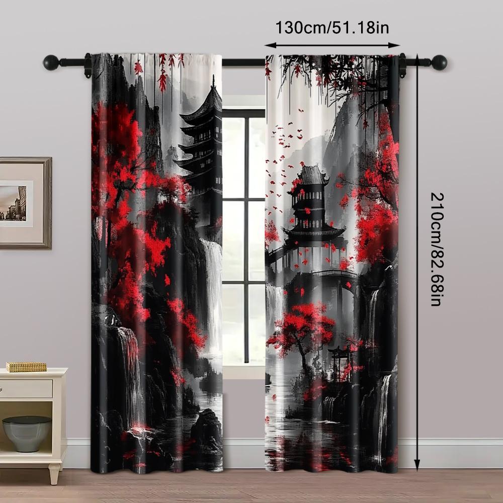 Set Of 2 Creative Curtains Print Japanese Mountain Ink Painting Fabric Without Rod Decorations Inside Use Bedroom Office Made Polyester Sleeping Area