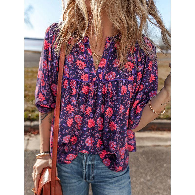 American Shiying Spring New Arrival Florals V Neck Chiffon Shirt Women 2025 Fashion Fashion Colorblock Half Sleeve Tops