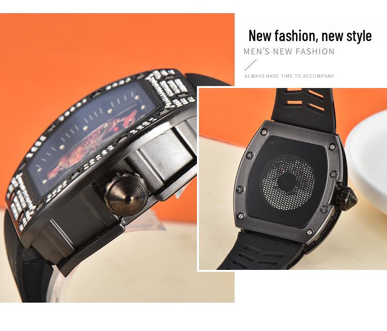 Men's Trendy Barrel-Shaped Full Diamond Quartz Watch with Calendar