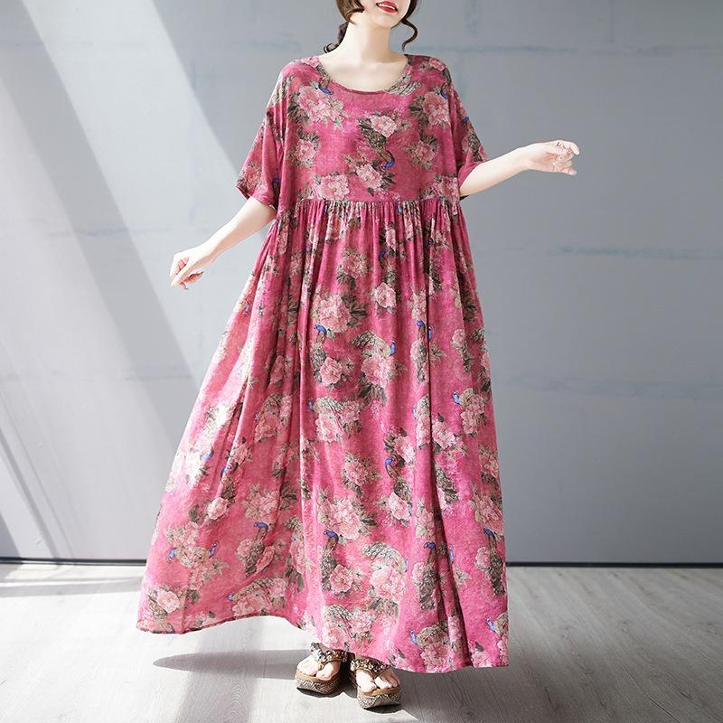 Summer new simple bohemian long dress fattened and enlarged short-sleeved crew neck printed dress women's clothing