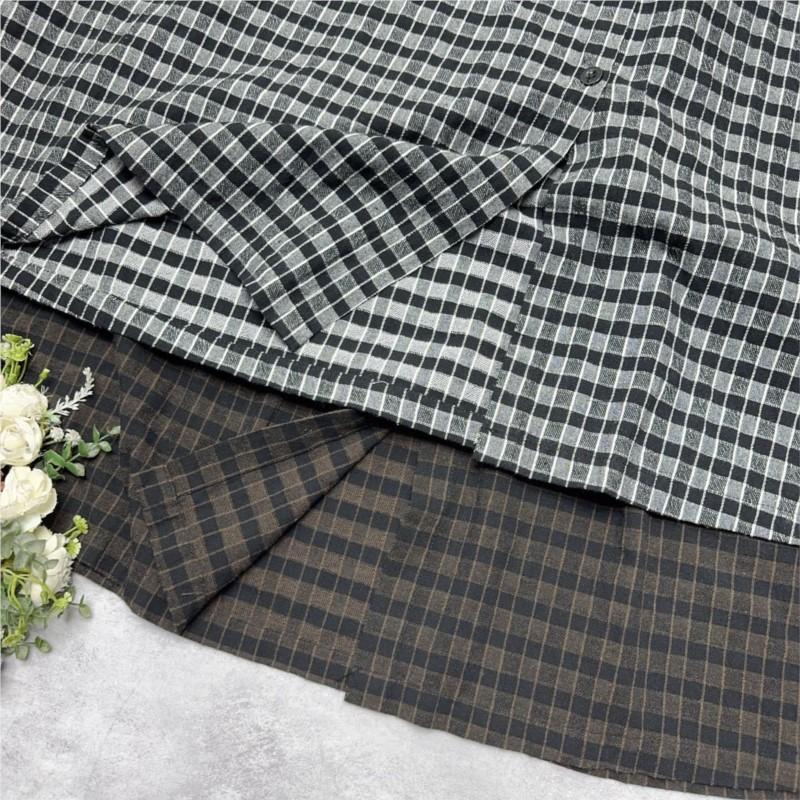 Johnature Japanese-style Color-blocked Collared Plaid Button-down Dress Spring Autumn Dresses