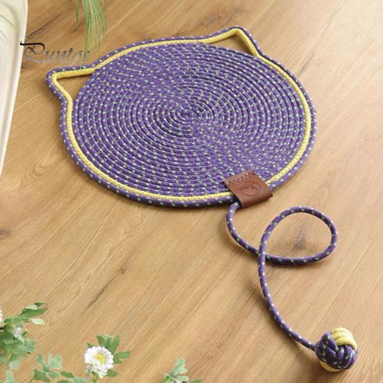 Cat Scratcher Mat Natural Cotton Rope Scratching Mat Cat Ear Design Scratcher with Ball Toy Furniture Protector for Wall Couch Carpet Sofa