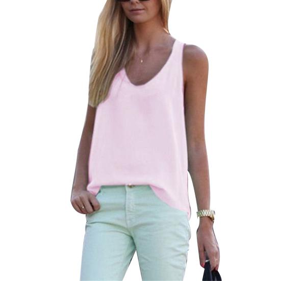 

Сплошной цвет с круглым вырезом без рукавов шифоновая блузка летний женский жилет майка XXXL светло-розовый