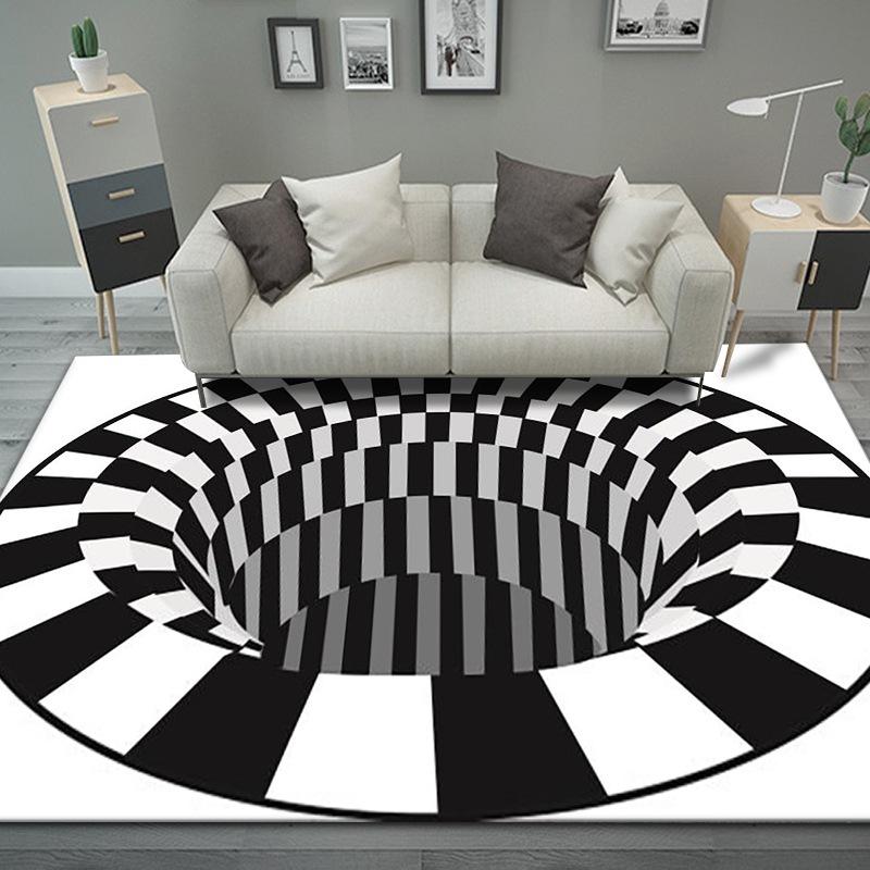 3D Stereo Vision Round Carpet for Living Room Simple Black and White Carpet Area Rugs Geometric Anti-Skid Home Bedroom Floor Mat