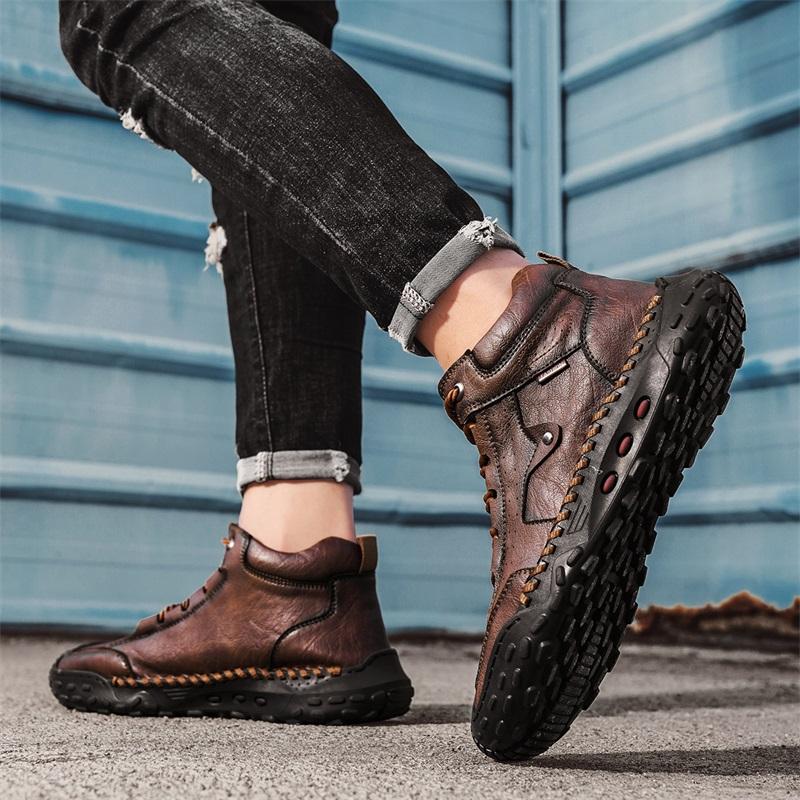 Men's High-top Casual Sneakers Handmade Leather Shoes Plus Size 39-48 Spring & Autumn
