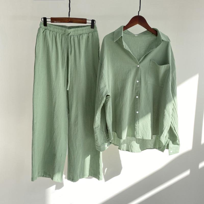 Women's Retro Plus Size 2-Piece Set: Cotton Linen Shirt & High Waist Wide Leg Pants
