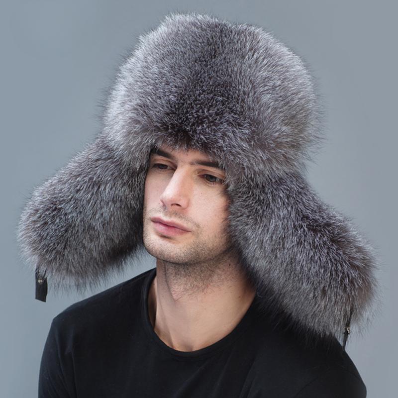 winter men real fox fur hats russian fashion silver fox fur cap protect ear warm high quality bomber hat