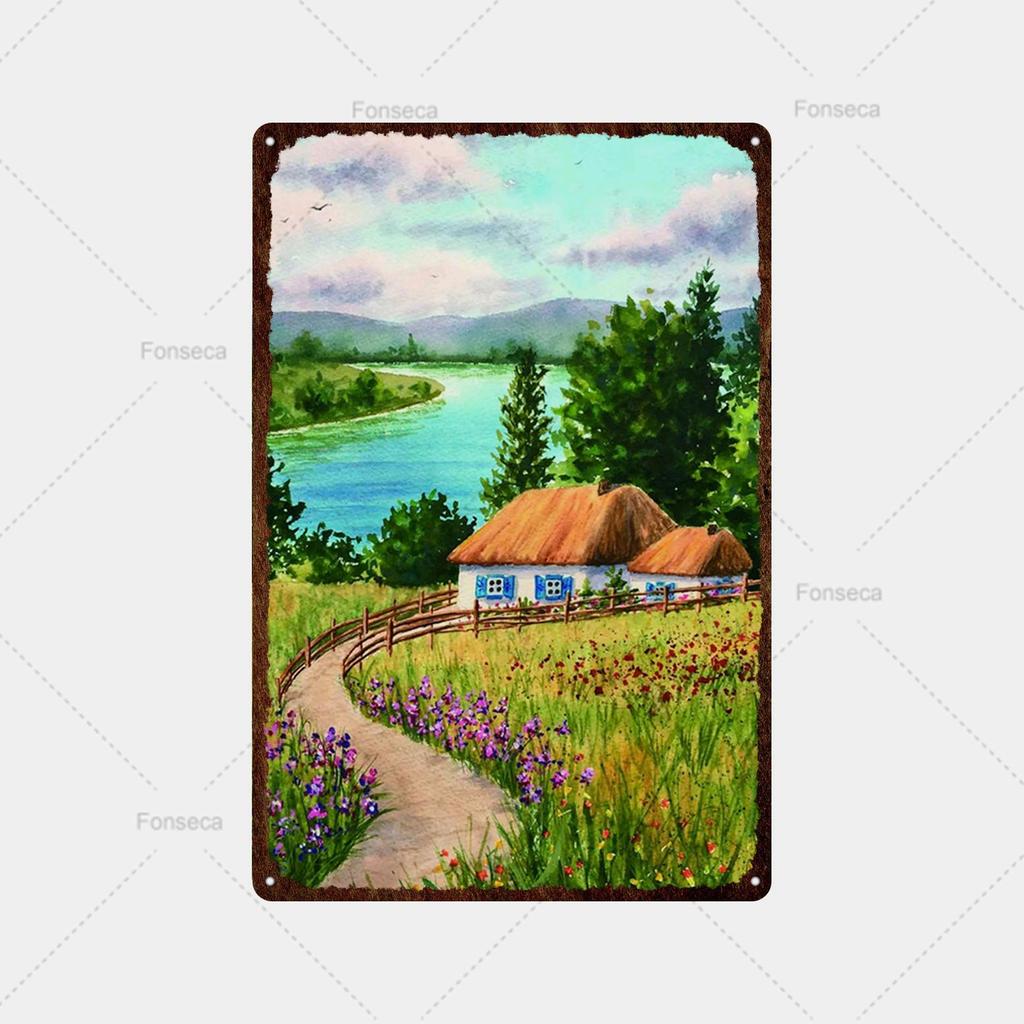 Flower Potted Landscape Metal Sign Vintage Tin Sign Metal Vintage Bar Vintage Wall Decoration Bar Club Man Cave Metal Poster