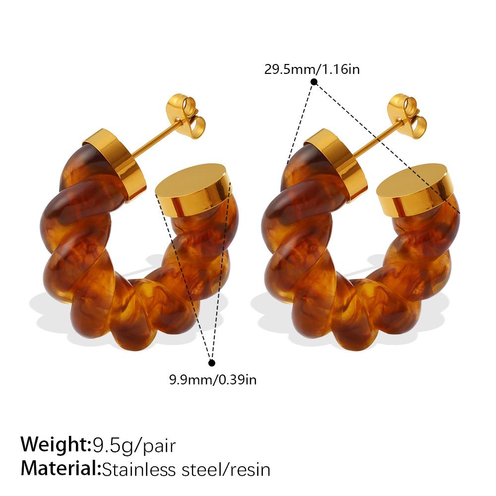 European and American amber twist resin earrings women's stainless steel retro U-shaped high-end design earrings