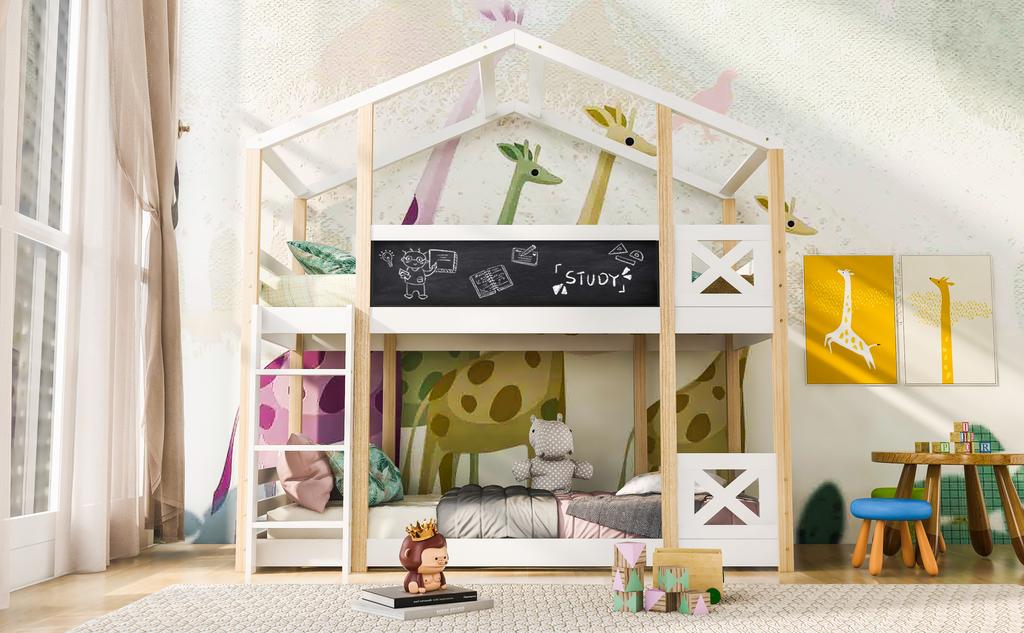 (=517234AAW) Children's Bed Treehouse with Slide & Ladder 90 x 200 cm, Loft Bed for Children – 2x Slatted Frame - Natural & White