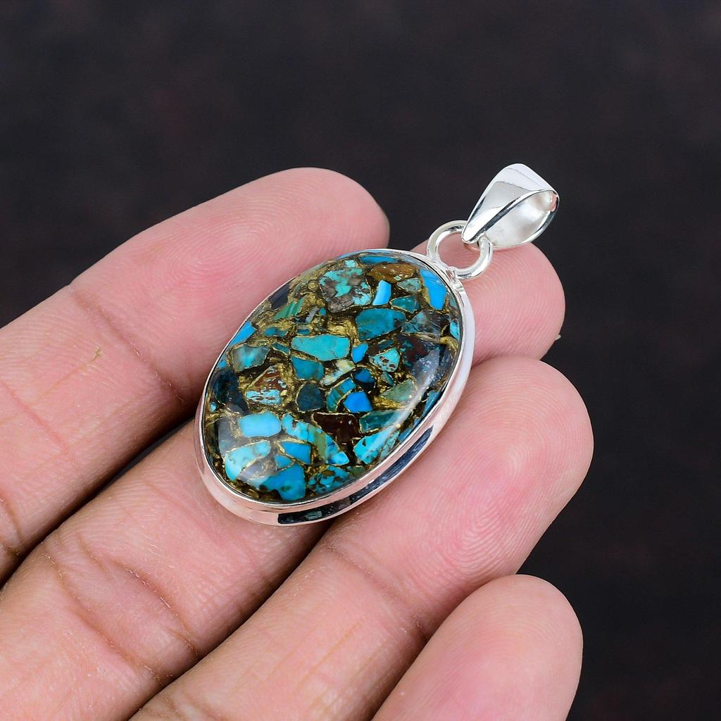 Copper Chrysocolla Pendant Natural Gemstone Jewelry 925 Sterling Silver Pendant Handmade Dainty Pendant Healing Stone Jewelry Gifts For Wife