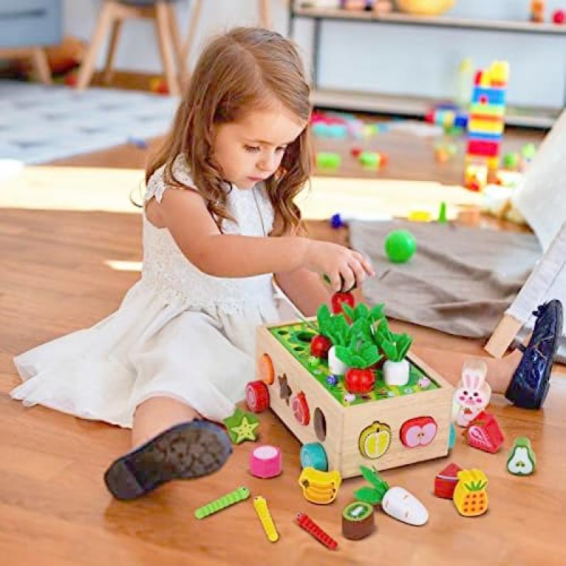 Montessori Spielzeug für 1 2 3 Jährige 7-in-1 Holz Kleinkindspielzeug Formensortierer Karotten Ernte Puzzle Pädagogisches Lernspielzeug Geschenke für Jungen Mädchen Kinder