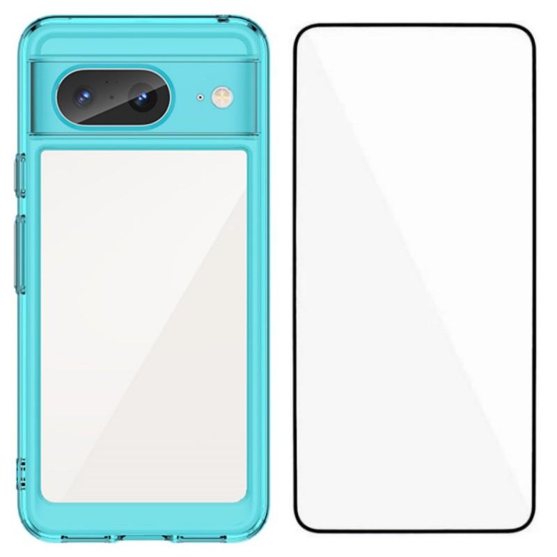 

For Google Pixel 8 Back Cover WANLONFENG XC Series TPU Acrylic Phone Case with Tempered Glass Film Transparent Blue