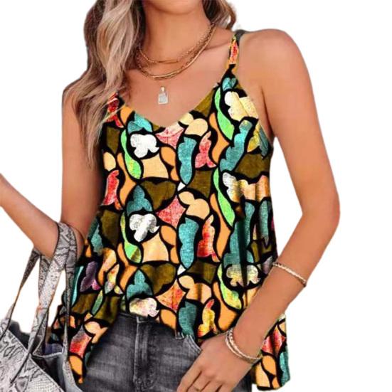 Αμάνικο Γυναικείο Crop Top Γιλέκο Παραλίας με Τυπωτό V Λαιμό και Λεπτές Τιράντες