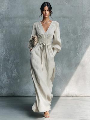 Vestido Longo Feminino Europeu e Americano de Decote V com Cinto e Corte A