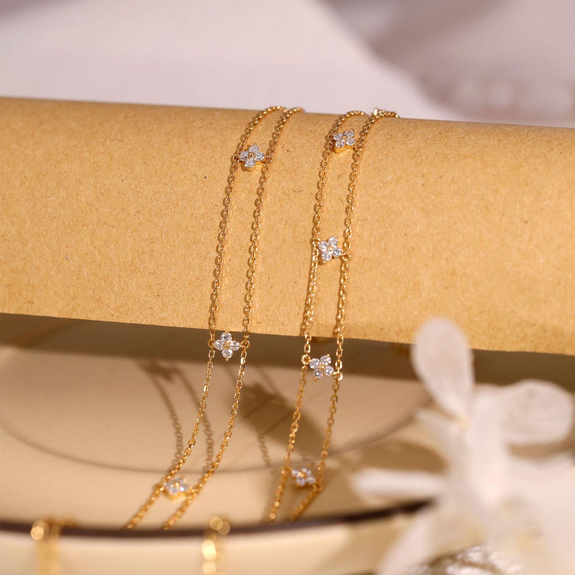 18K Gold-Plated S925 Sterling Silver Four-Leaf Clover Zircon Bracelet - Elegant Double Layer Design for Girls 4 Clover Flowers + Platinum