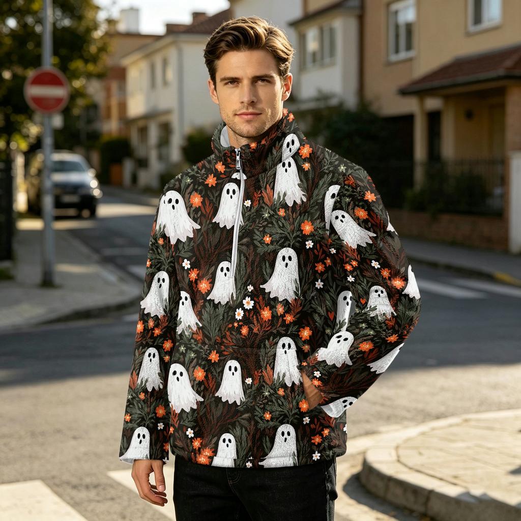 Men's Halloween Print Flannel Zip-Up Sweatshirt, Plus Size Stand Collar Casual Fall Winter Top