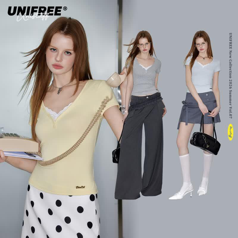 UNIFREE Sweet Lace V-Neck Short T-shirt L