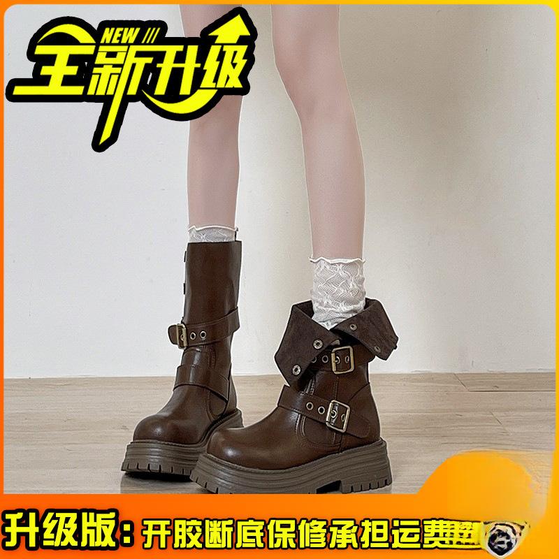 Casual heightening Martin boots women's 2 autumn and winter new retro two-wear medium tube thick-soled folded fashion boots