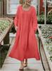 Women's Crew Neck Long Sleeve Linen Maxi Dress Loose Pleated Side Pocket Solid A Line Long Casual Robe 2023 Autumn European American Fashion