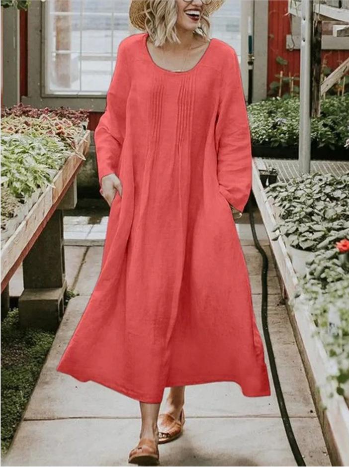 Women's Crew Neck Long Sleeve Linen Maxi Dress Loose Pleated Side Pocket Solid A Line Long Casual Robe 2023 Autumn European American Fashion