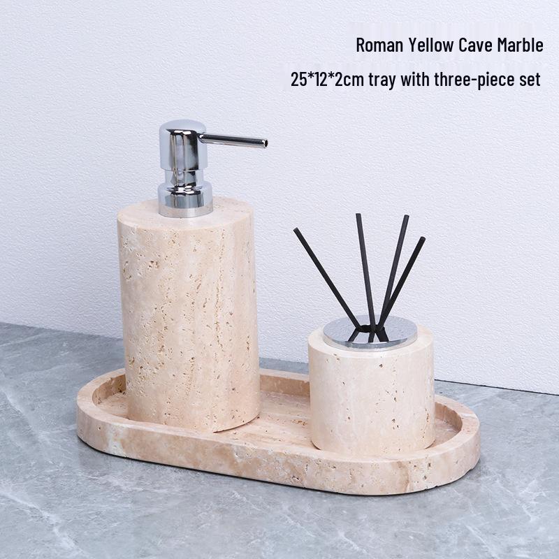 Badezimmerset aus gelbem Marmor im chinesischen Stil: Tablett, Aromatherapie-Ornament, Handseifenspender & Taschentuchbox.