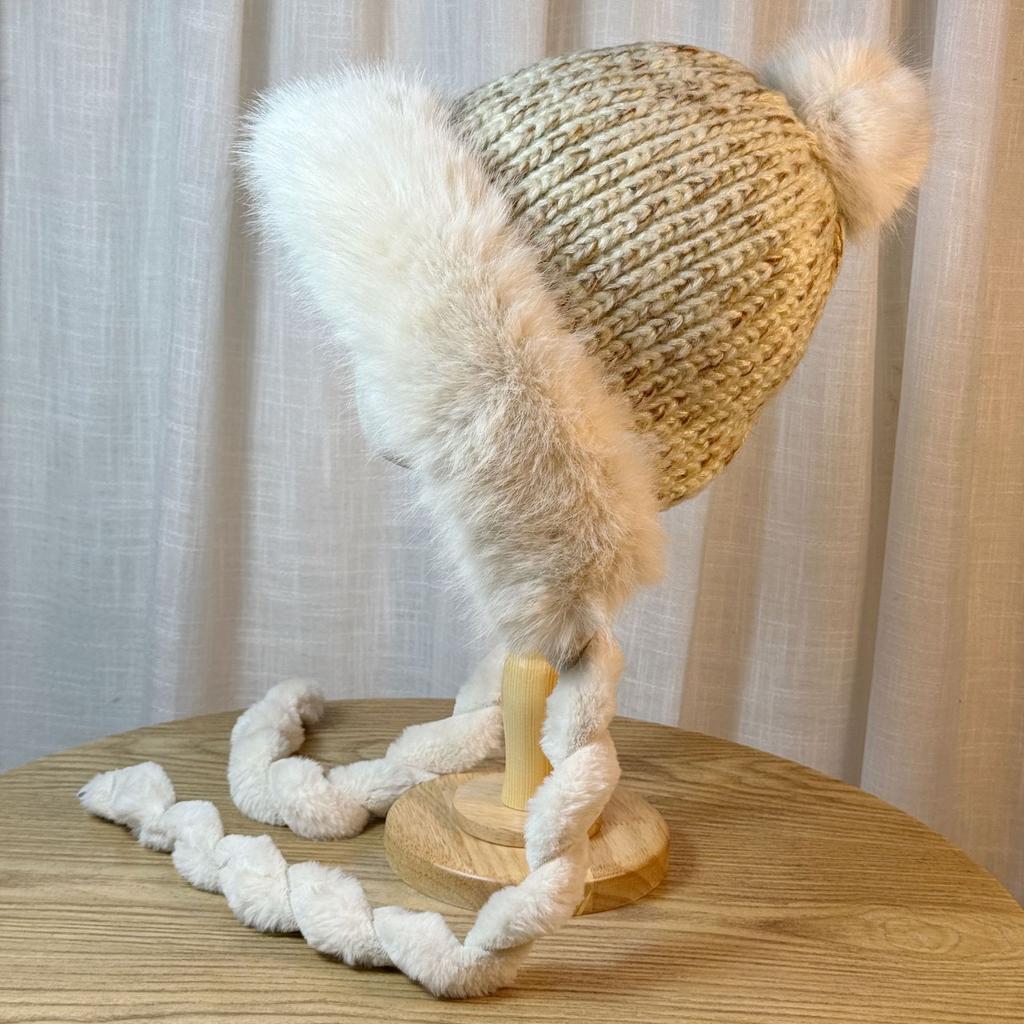 Japanese Sweet and Cute Fur Ball Strap Lei Feng Hat for Women Winter Plus Velvet Thickened Warm Knitted Ear Protection and Cold Protection Hat