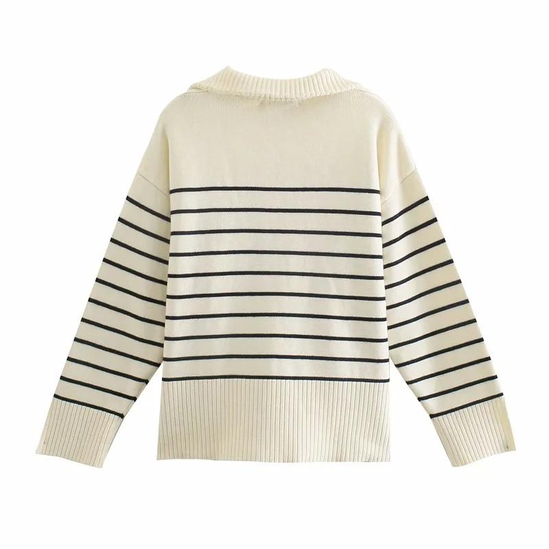Sweaters Women Fashion Stripe Loose Zipper Knitting Sweaters Vintage Long Sleeve Female Pullover