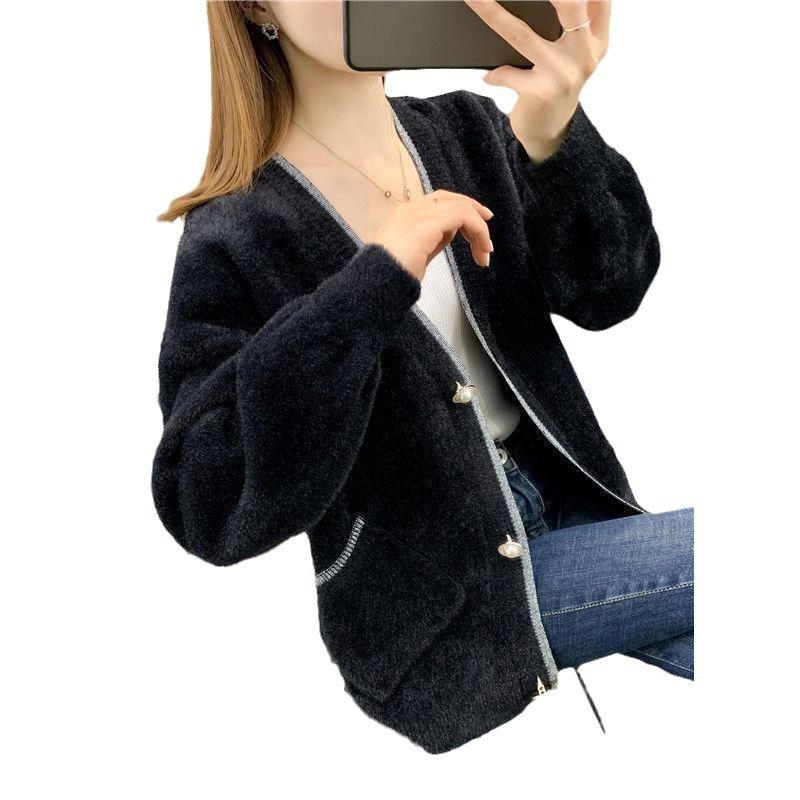 New Autumn and Winter Clothing Solid Color Imitation Mink Fleece Sweater Cardigan Women's Loose Versatile Knitted Top Jacket Women