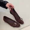 Versión de piel de oveja~ Versión coreana, hebilla de cinturón de gamuza, tacón de cuña, tacón bajo, punta redonda, zapatos de boca poco profunda de un solo color, zapatos de primavera para mujer para ir al trabajo