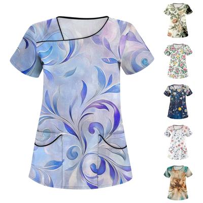 Lässig bedrucktes, kurzärmliges Workwear-Oberteil für Damen mit schrägem Kragen und Doppeltaschen