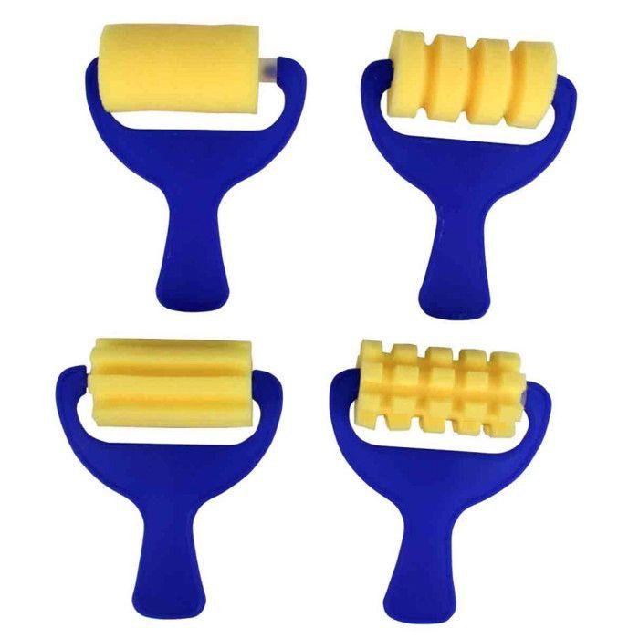 Outils de peinture - 4 rouleaux mousse fantaisie - Largeur 7 cm - Manche 12 cm - Idéal enfants