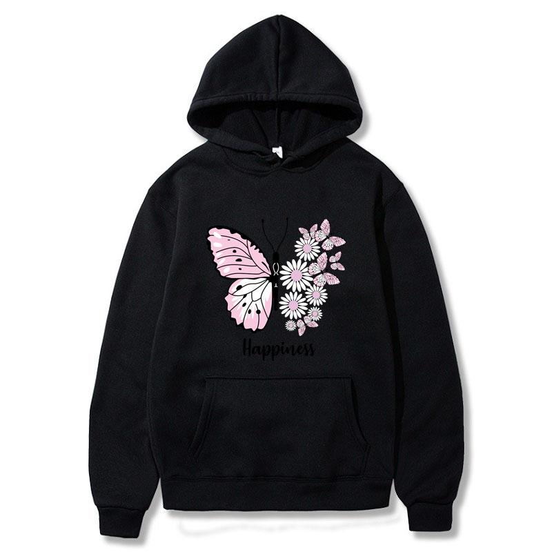 2024 Men's and Women's Unisex Butterfly Print Pullover Casual Fashion Hooded Pocket Sweatshirt Sweatshirt Black