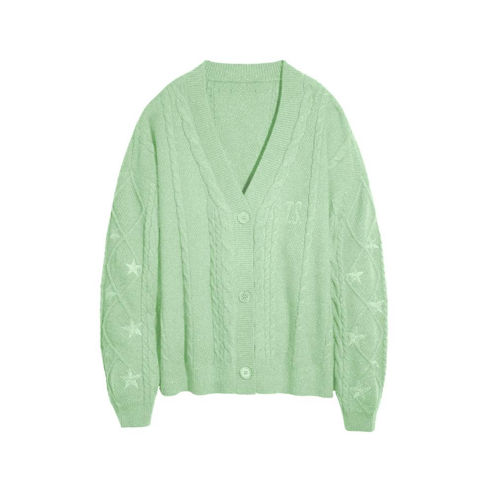 Women's V Neck Cable Knit Cardigan Star Embroidery Loose Lazy Style Wool Sweater Coat