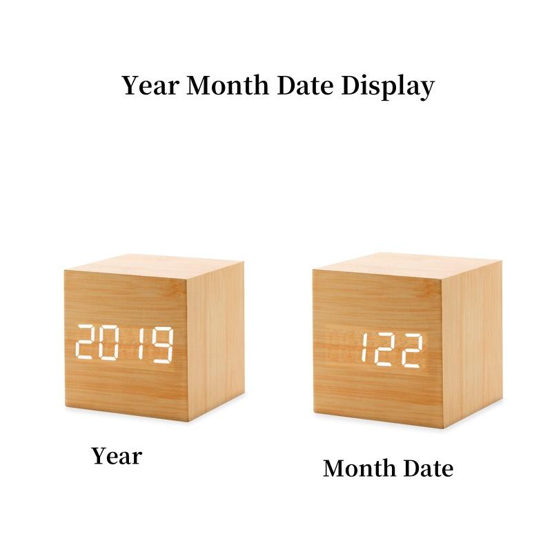 Voice Control Wooden Digital Alarm Clock TEMP Date 3 Alarms Desktop Electronic Table Clock 12/24H USB Powered LED Bedside Clock