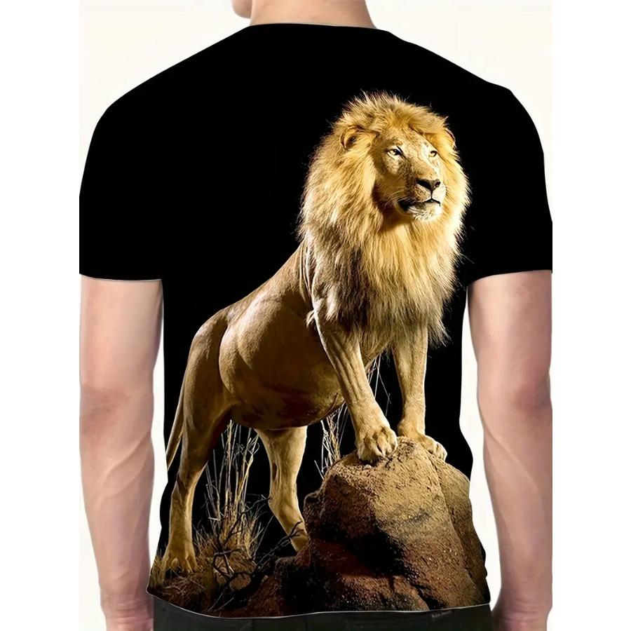 Letní nálada Lví potiskové tričko - Pružný kulatý výstřih, Ležérní pouliční měkký prodyšný pohodlný střih, Ideální pro letní vycházky Pánské módní tričko