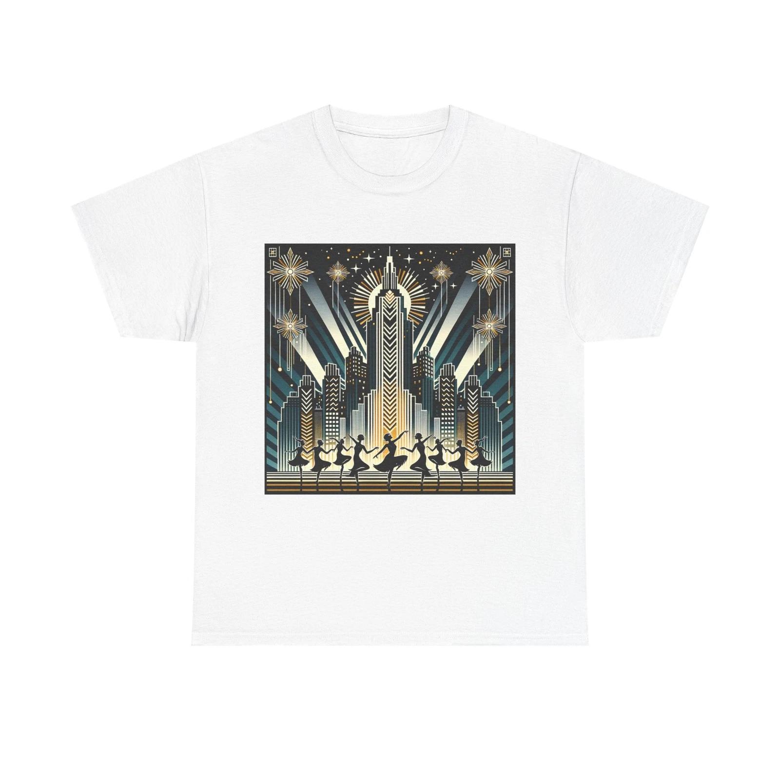 Unisex Adult T Shirt Art Deco Jazz Age Skyline in Gold XL