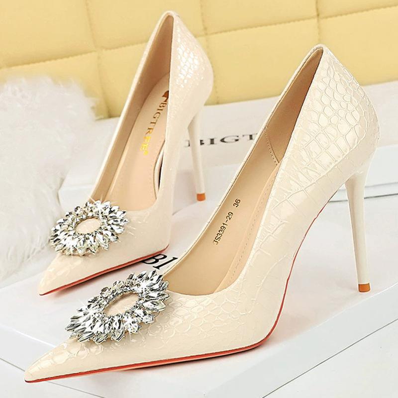 Fashion Women Pumps Patent Leather Snake Patterned Rhinestone High Heels 10 CM Stilettos Sexy Party Shoes Luxury Women Heels