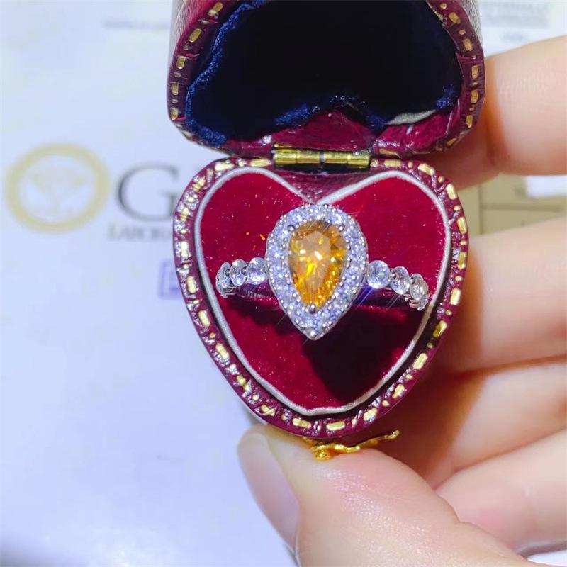 Yellow Moissanite Water Drop Pear-Shaped Women's Ring, 1 Carat VVS Diamond, Micro-Pave Fashion Engagement Proposal Gift.