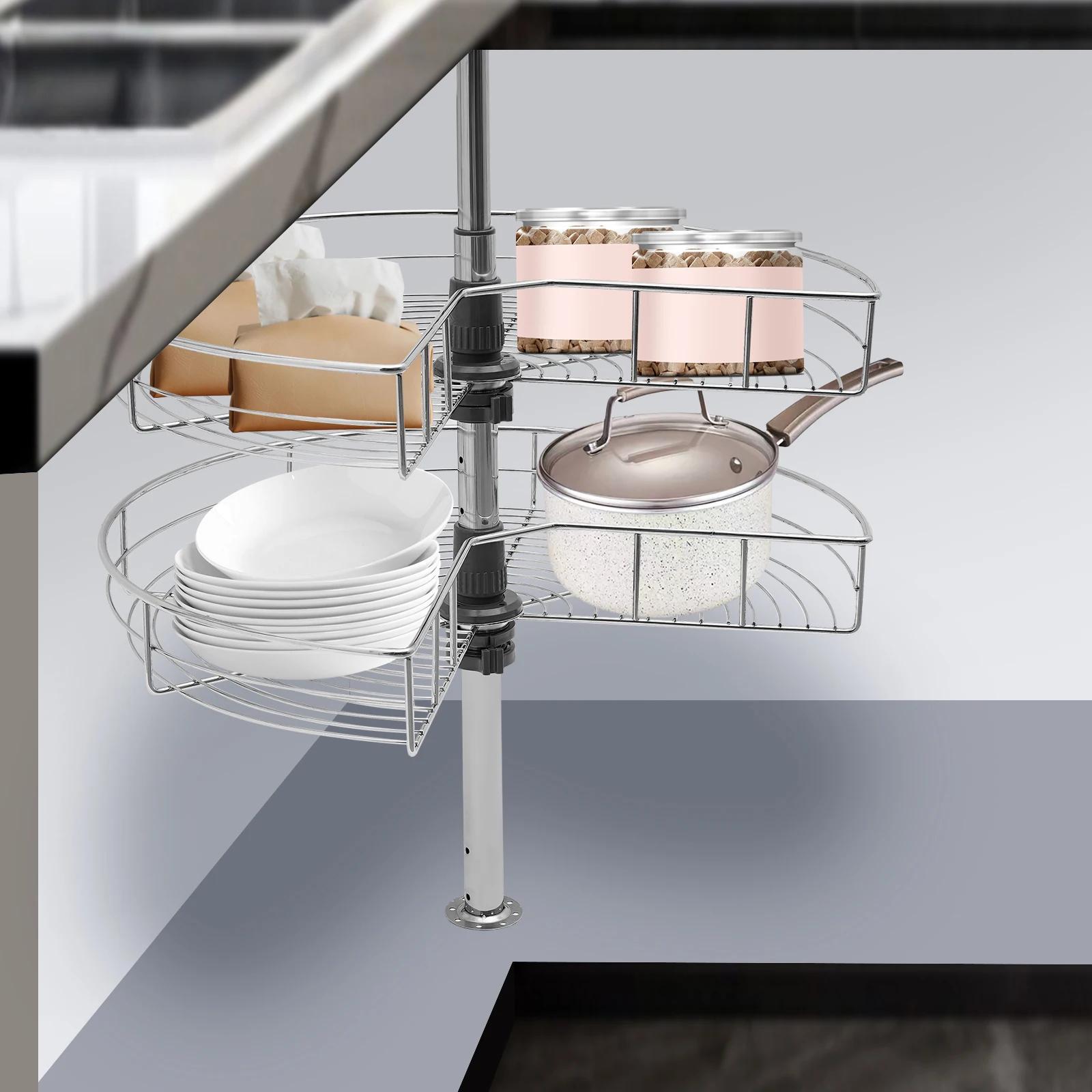 

Bymaocar 2-ярусный железный съемный корзина-органайзер для шкафа, вращающаяся полка-стойка для хранения для кухонь, ванных комнат, спален L серебряный
