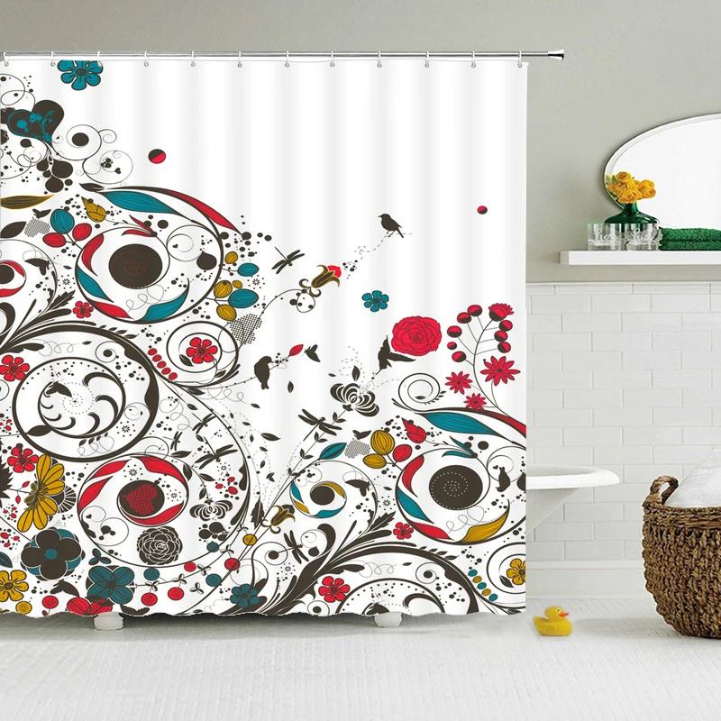 Retro European Shower Curtain ,Flowers Printed Bath Curtain Polyester Fabric Western Style Home Bath Decor Curtains With Hooks