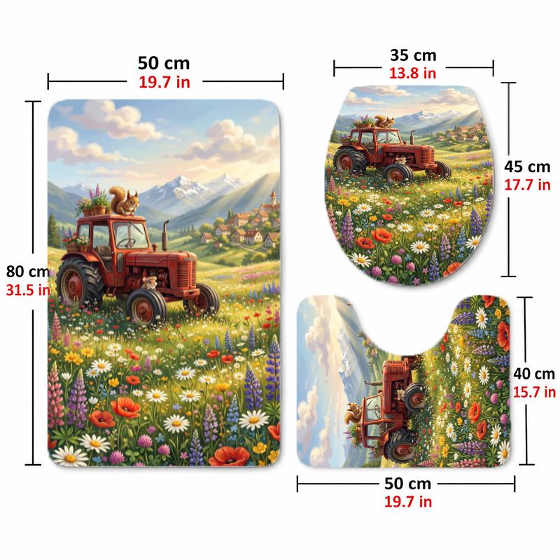 Tractor (5) Flannel Toilet 3 Piece Set Soft Bathroom Toilet Seat Cover Non-Slip Bath Rug Home Bathroom Decor