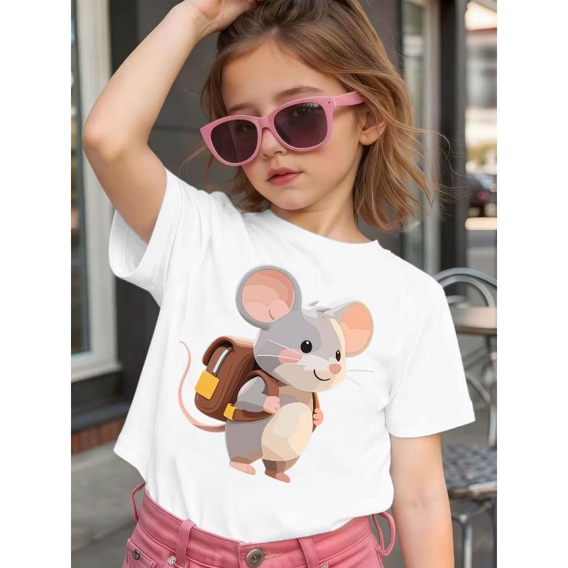 European sizes Back-to-School Season Girls  Short-Sleeve Cartoon Little Mouse Cute and Fun Children s Summer New Printed Top 110 белый