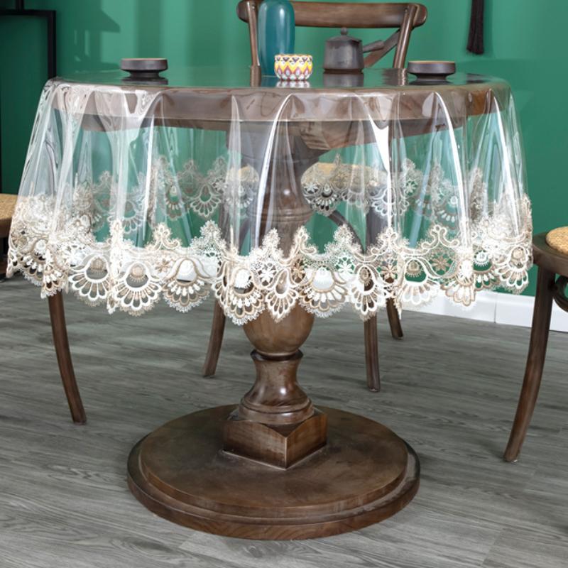 Lace Embroidered Round Tablecloth Soft PVC Clear Double Layered Table Cover Dust-proof and Easy To Clean Dining Table Mat Waterproof Cushion Cover
