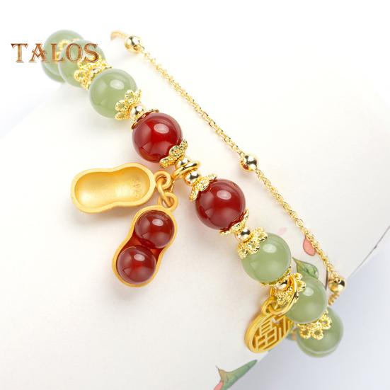 Women Bracelet Faux Jade Smooth Bead Leaf Peatnut Pendant Good Luck Adjustable Length Rhinestone Lady Bangle Prom Daily Wrist Jewelry