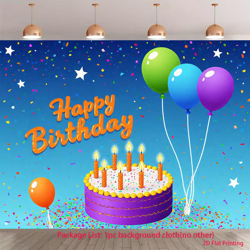 

2D Birthday Cake Balloon Backdrop 2D Confetti Star Photo Background for Themed Shoot 47.2x31.5inch/120*80cm