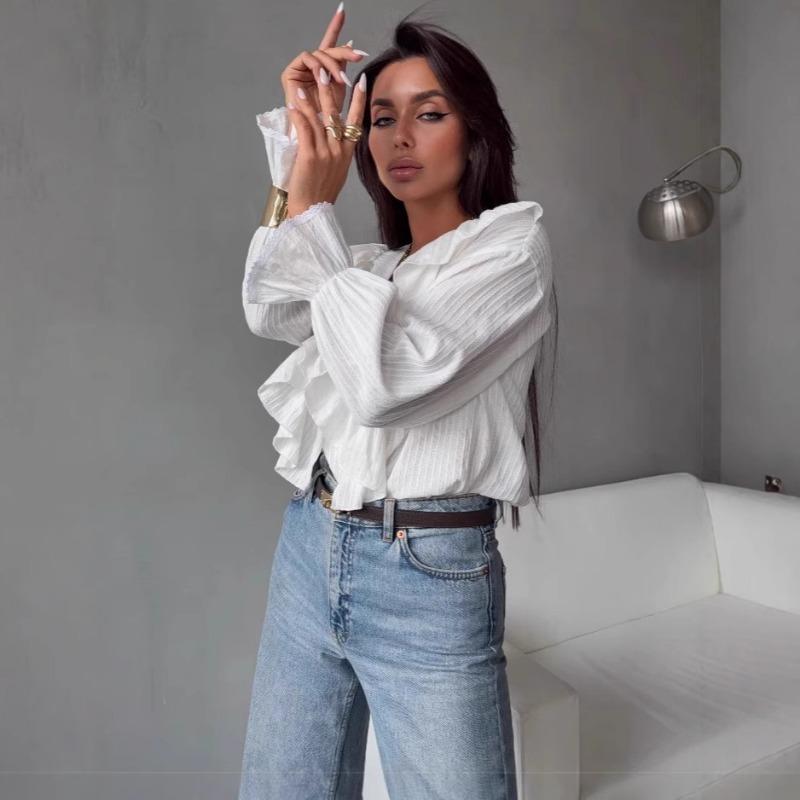 V Neck Ruffled Loose Women Shirt Fashion Long Sleeve Casual Blouse Sweet Office Tops Simple Spring Autumn Elegant Clothing