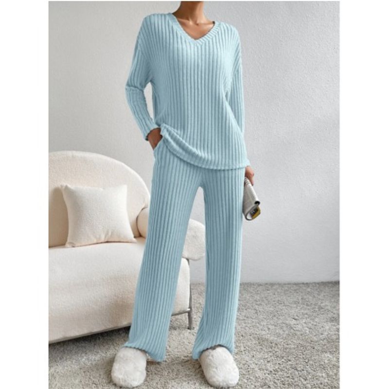 Western Style Spring and Autumn New Cross-Border V-neck Solid Sunken Stripe Loose Long Sleeves Shirt Trousers Casual Two-piece Suit Women Clothes